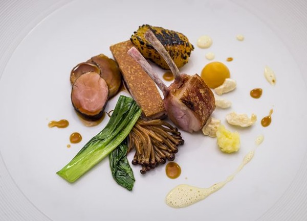 Lancashire suckling piglet, honey and mustard, salt baked swede, golden enoki mushroom