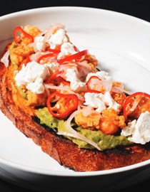 Langostino and avocado toast, Fresno chile, chèvre