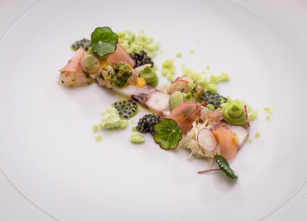 Langoustine ceviche, octopus terrine, smoked roe taramasalata, cucumber snow