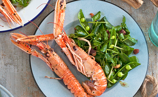 Langoustines with pea and crispy lardon salad