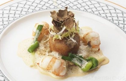 Langoustines with pearl barley and a pig’s head beignet