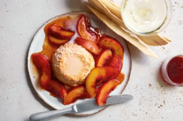 Langres and Champagne dip with pepper-glazed peaches