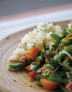 Lao green cucumber salad with sticky rice