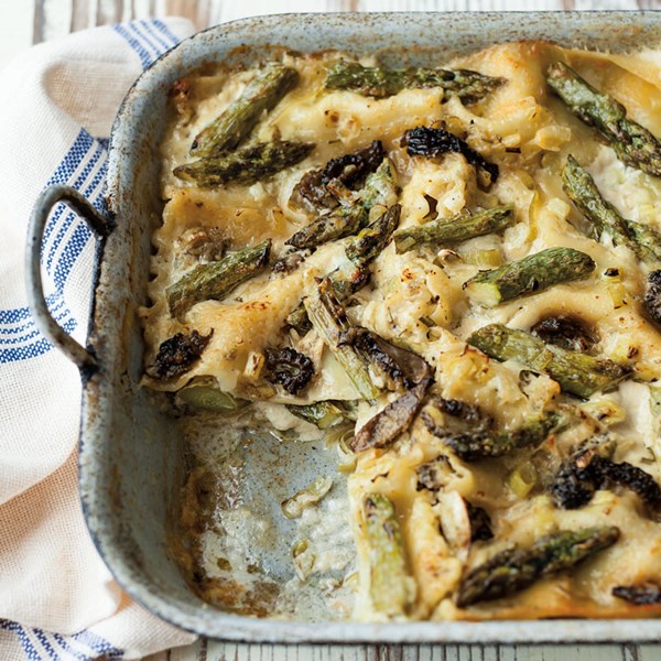 Lasagna with asparagus and morel mushrooms