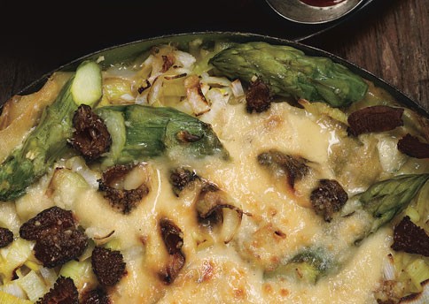 Lasagna with asparagus, leeks, and morels