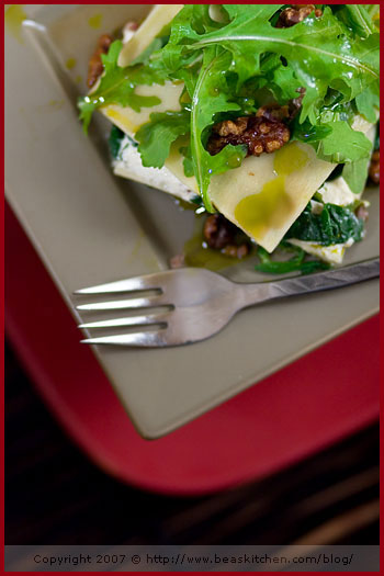 Lasagna with ricotta, spinach, walnuts and arugula (Lasagnes avec ricotta, épinards, noix et roquette)