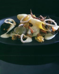 Lasagne of mussels and clams with crispy squid