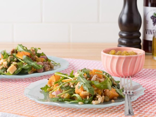 Late summer farro, butternut squash, and arugula salad