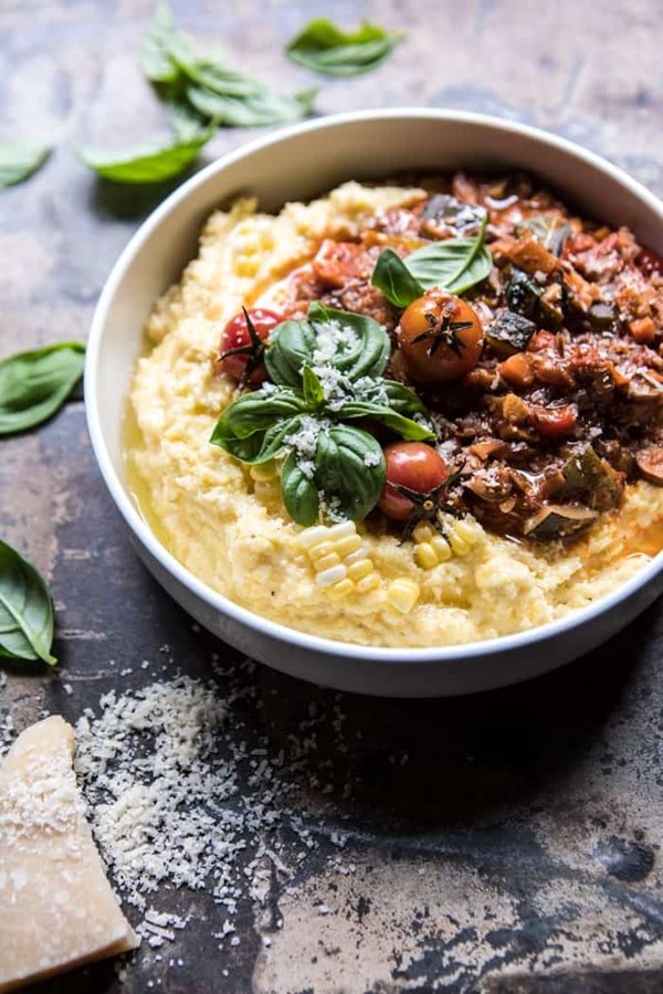 Late summer vegetable Bolognese with creamy polenta