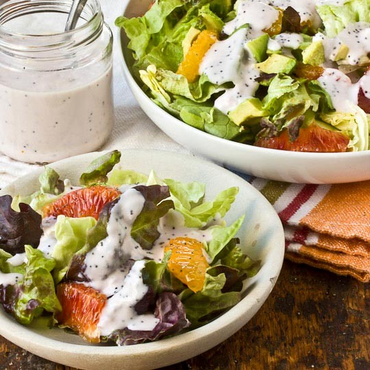 Late-winter salad with strawberry poppy seed dressing