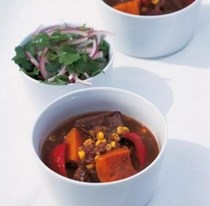 Latin American beef stew with marinated red-onion salad