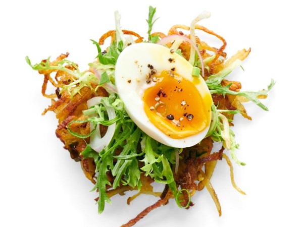 Latkes with eggs and greens 