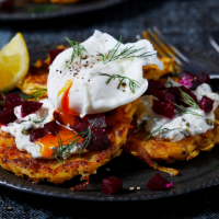 Latkes with poached eggs, beetroot & creamy horseradish