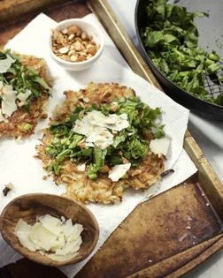 Latkes with rutabaga, rapini, and Parmesan
