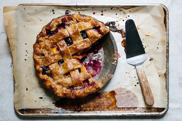 Lattice-top peach and blueberry pie with rye crust