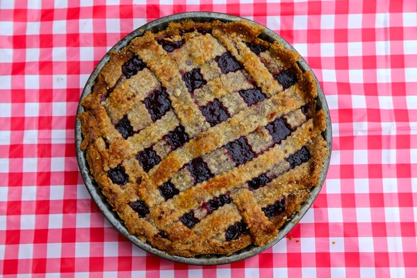 Latticed wholewheat plum pie