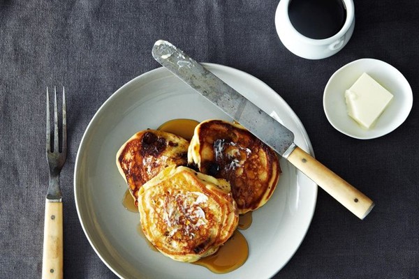 Lavender-chocolate chunk pancakes with crème fraîche