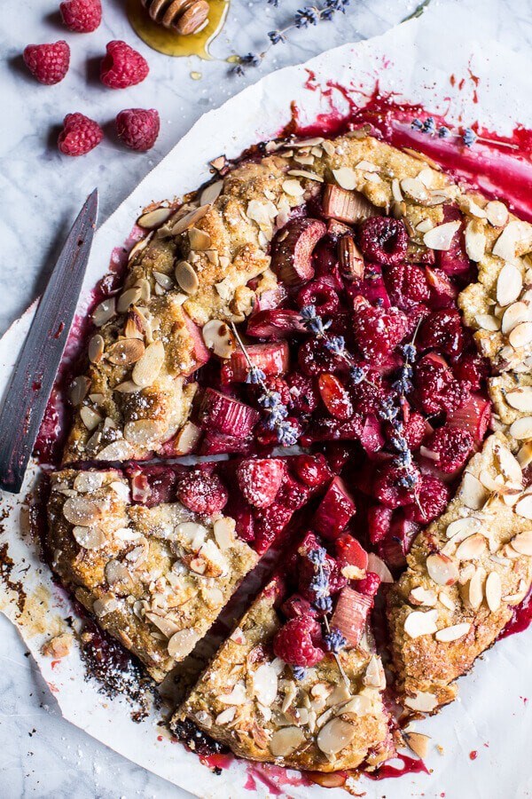 Lavender honey and raspberry-rhubarb galette