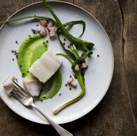Lavender-infused olive oil-poached cod