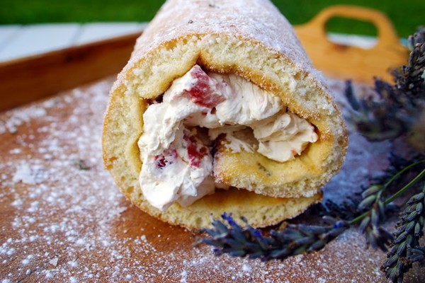 Lavender sugar Swiss roll with strawberries and cream
