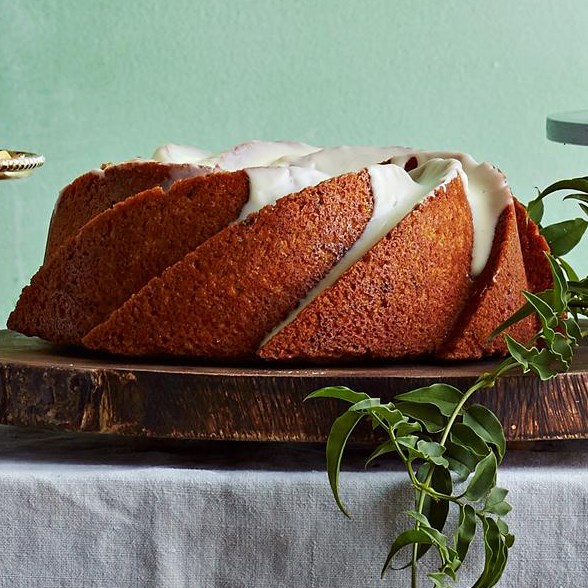 Lavender-thyme fluted cake with vanilla glaze
