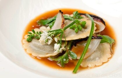 Laverbread ravioli with roasted onion stock and Welsh beach vegetables