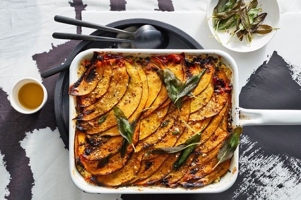 Layer & bake pumpkin, sage & greens lasagne