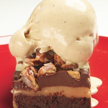 Layered brownies with white-chocolate caramel and cacao nib gelato