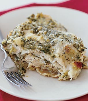 Layered chicken enchiladas with tomatillo-cilantro sauce