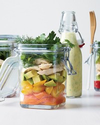 Layered chicken salad with coriander-yogurt dressing
