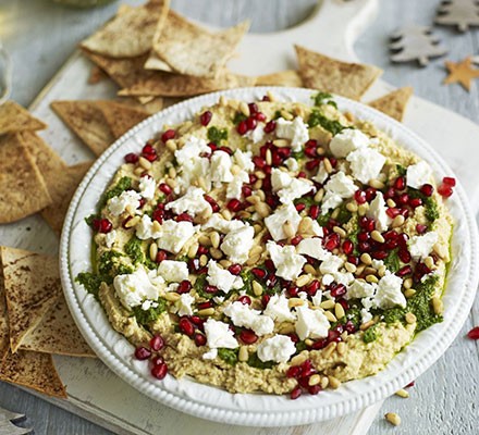 Layered houmous with spiced tortilla chips