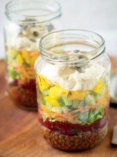 Layered lentil, vegetable and hummus salad
