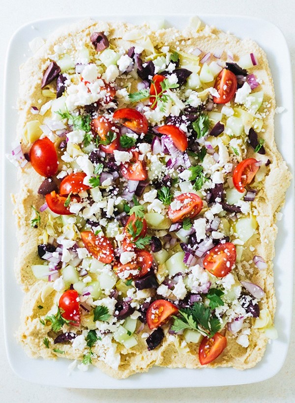 Layered Mediterranean hummus platter