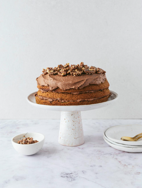 Layered pandan cake with coffee frosting