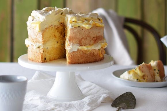 Layered passionfruit curd sponge cake