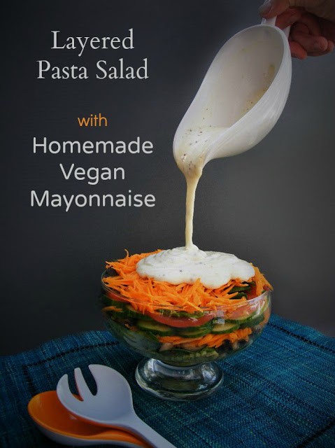 Layered pasta salad with homemade vegan mayonnaise