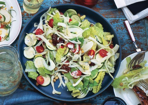 Layered salad with roasted garlic dressing