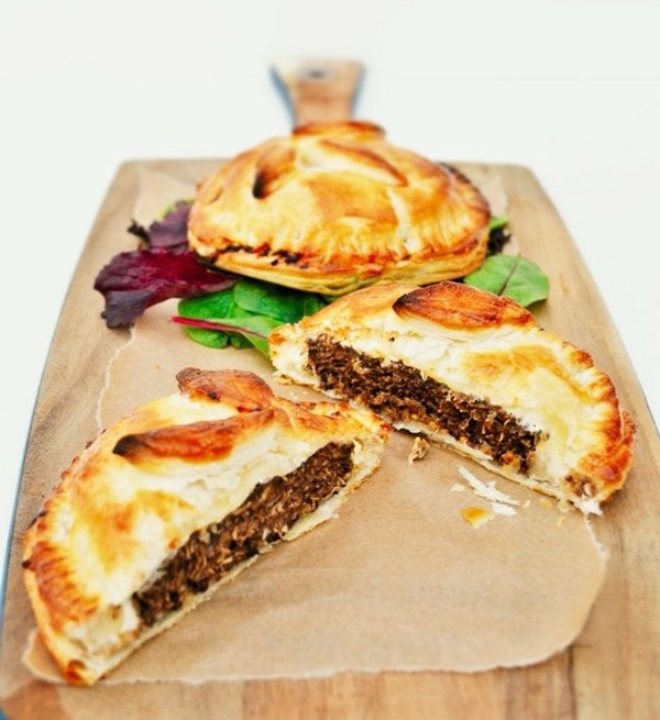 Layered veggie burger pies