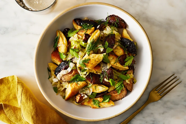 Lazy pierogies with wild mushrooms, cabbage & prunes