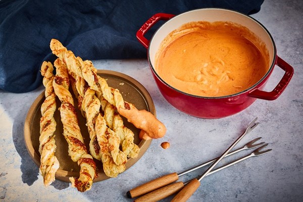  Le Gruyère AOP and tomato fondue with pesto cheese straws