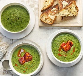 Leafy greens soup with chilli-honey halloumi croutons
