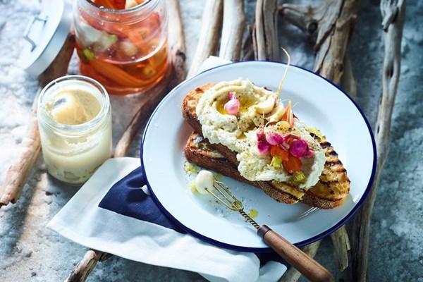 Leather jacket brandade with baby vegetable pickle