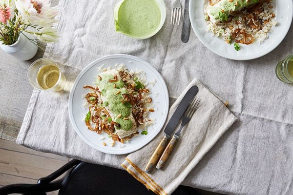 Lebanese fish with herby tahini sauce over rice
