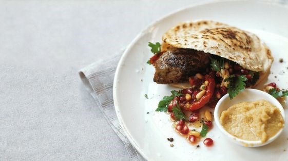 Lebanese kibbeh burger with smoked chilli and white bean humous