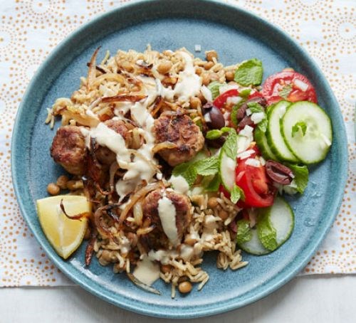 Lebanese-style meatballs with mujadara