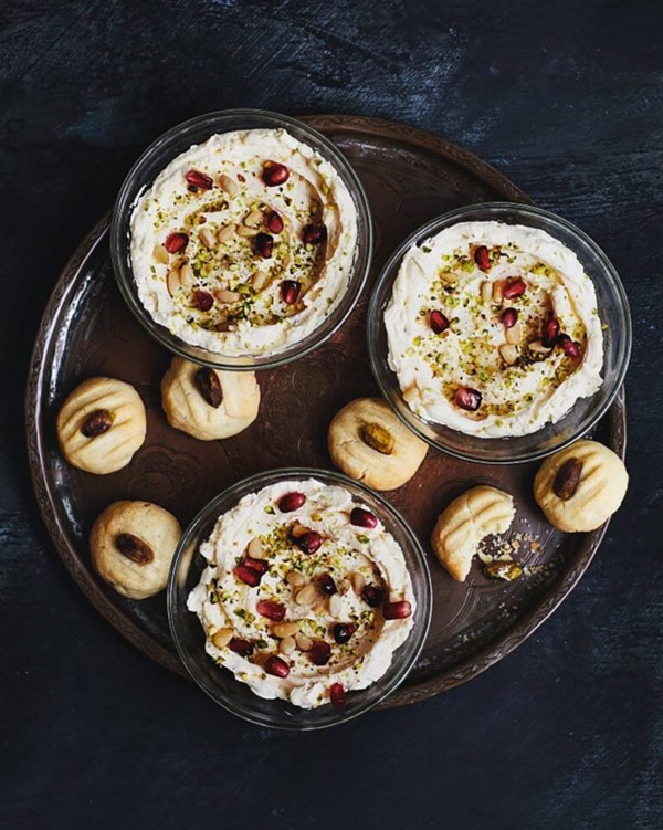 Lebanese syllabub with pistachio biscuits (Ghraybeh)