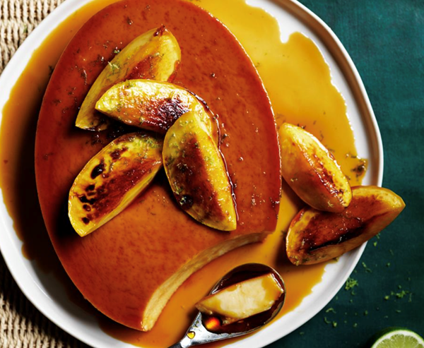 Leche and lime flan with burnt mango