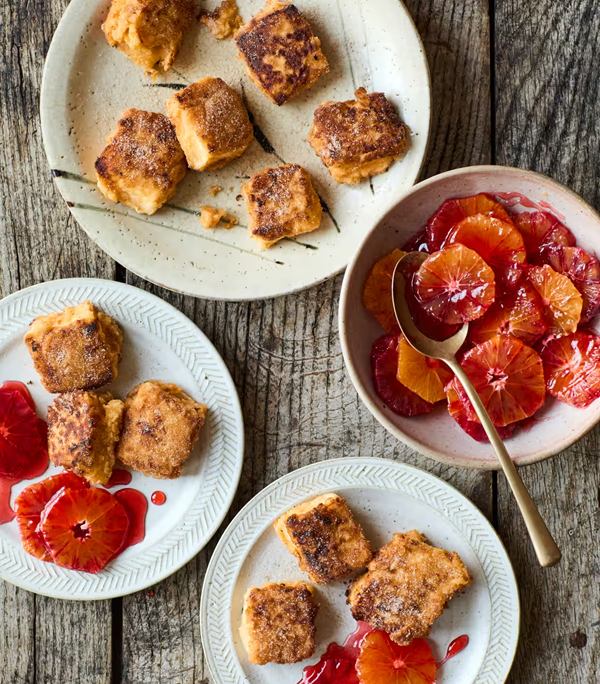 Leche frita with caramel oranges