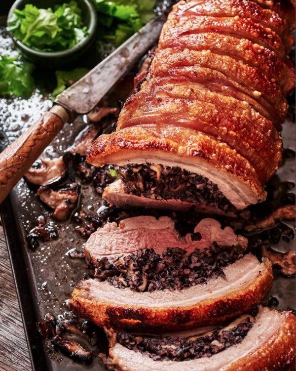 Lechon with shiitake & black rice stuffing (Lechon liempo)