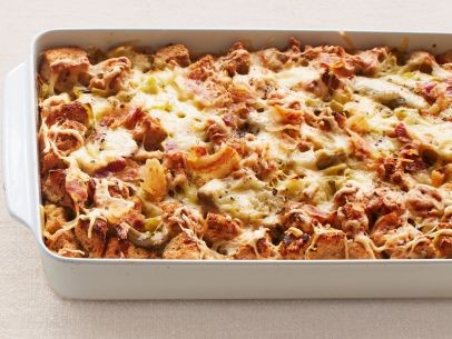 Leek and artichoke bread pudding